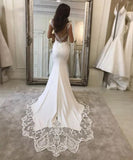 Deep V-Neck Mermaid Wedding Dresses 2023 Cap Sleeve Lace Appliques Backless Formal Satin Bridal Gown Long Sweep Train