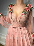 Full Beads Long Evening Dresses Lace Appliques 3D Flowers V-Neckline Full Sleeves Floor Length Evening Formal Party Gowns