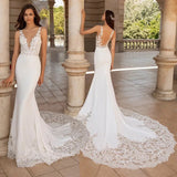 V-Neck Mermaid Wedding Dresses With Long Train 2023 Lace Appliques Elegant Bride Gown For Women Sleeveless Backless