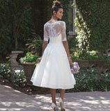 Tea-Length Short Wedding Dress Half Sleeve O-Neck Lace Appliques Elegant A-Line Tulle Bridal Gown With Button Back