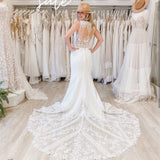 V-Neck Sleeveless Wedding Dresses Lace Appliques Illusion Backless Mermaid Bride Gown Zipper Button Vestidos De Noiva