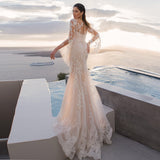 Long Flare Sleeve Lace Mermaid Wedding Dress 2023 Sheer O-Neck Gorgeous Bridal Gown With Button Back Train Custom Made