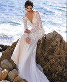 Beach Mermaid Wedding Dress Long Sleeve V-Neck Lace Appliques Sexy Open Back Tulle Bride Gown Train Vestidos De Noiva