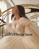 Wedding Dresses with Detachable Puffy Sleeves Lace Appliques Pleated Long Boho Wedding Gown Champagne Bride Dress