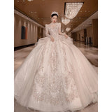 Luxury Long Train Wedding Dress 2023 New Bridal Dresses Ball Gown Long Sleeve Winter Beading Wedding Gowns