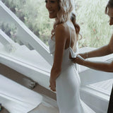 Elegant Crepe Cowl Neck Mermaid Wedding Gown For Brides Simple Backless Draped Satin Spaghetti Straps Bridal Dress 2023