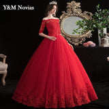 Boat Neck Vestido De Noiva 2023 New Red Wedding Dress with Sleeve Lace UP Appliques Plus Size Simple Bride Ball Gown