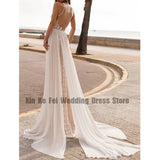 Lace Decal Women's Bridal Dresses High Neck Side Split Pleated Sleeveless Sexy Backless Robe Wedding Gowns Beach Robe De