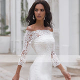 Mermaid Boat Neck Wedding Dress 3/4 Sleeves Boho Lace Appliques 2023 Bridal Gown Off Shoulder Buttons Robe De Mariée