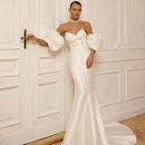 Ivory Mermaid Wedding Dresses 2023 Sweetheart Satin Bridal Gowns Boho Beach Detachable Train Wedding Prom Gowns Custom Size