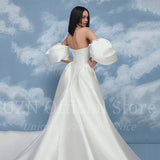 White A-Line Wedding Dresses Puff Sleeve Long Satin Bridal Gowns Elegant Boho Beach Evening Wedding Prom Gowns Custom Size