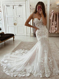 Spaghetti Straps Wedding Dress V-Neck Lace Appliques New Sexy Mermaid Bride Gown Backless Court Train Vestidos De Noiva
