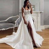 Ladies Wedding Dress Lace Applique Beach Bridal Dress Satin Elegant Princess Robe Open Back Spaghetti Straps 2023 Side