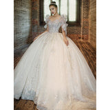Wedding Dress 2023 New Short Sleeve Embroidered Tulle Ball Gown Wedding Gowns Shinny Princess