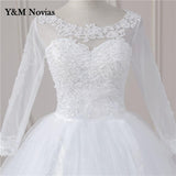 Video Cheap Luxury Pearls Ball Gowns O-Neck Off White Tulle Bridal Dress For Wedding Dresses with Sleeve Plus Size Custome