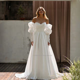 Sweetheart Satin Wedding Dresses Long Puff Sleeves Bridal Gowns Custom Made Robe De Mariée