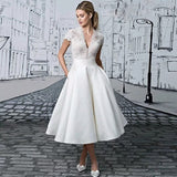 Appliques Short Wedding Dresses For Women 2023 A-Line Satin Tea-Length Cap Sleeve V-Neck Button Civil Vintage Bridal Gown