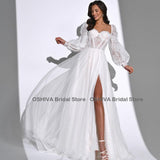 Wedding Dresses Chic A Line Lace Puff Long Sleeve Long High Slit White Bridal Gown For Women Formal