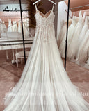 Boho Wedding Dress Lace Applqiues Floral Beading Backless Spaghetti Straps Bridal Gowns estido de noiva praiano