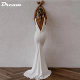 Deep V Neck Crepe Detachable Train Mermaid Wedding Dress 2023 Plain Sleeveless Open Back Simple Bridal Gowns Elegant
