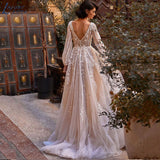 NICEB Boho Vintage Wedding Dress Lantern Sleeves Lace Backless Bride Gown Illusion O-Neck Tulle Vestido De Fiesta De Boda 925
