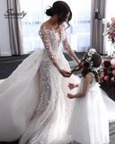 Detachable 2 In 1 Mermaid Wedding Dress Heavy Industry Embroidery Lace Bead 0-neck Full Sleeve Gown Robe De Mariee 925