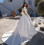 Satin Wedding Dresses With Pockets 2023 Short Sleeves Puff Backless Bridal Dress For Women Robe De Mariee Customize