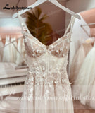 Boho Wedding Dress Lace Applqiues Floral Beading Backless Spaghetti Straps Bridal Gowns estido de noiva praiano