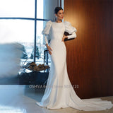 O-Neck Satin Mermaid Wedding Dresses Puff Sleeve Sweep Train Bridal Gown Robe de mariée