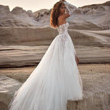 White A-Line Wedding Dresses Elegant Lace High Split Appliques Bridal Gowns Boho Beach Sweetheart Wedding Gowns Custom Size