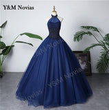 Fashion Wine Red Blue Red Red Halter Quinceanera Dress Sleeveless Ruched Lace Vestidos De 15 Debutante Gown Bohemia Princess
