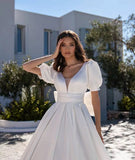 Satin Wedding Dresses With Pockets 2023 Short Sleeves Puff Backless Bridal Dress For Women Robe De Mariee Customize