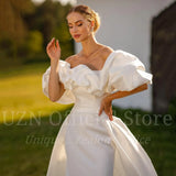 Elegant Ivory Mermaid Satin Wedding Dresses Off The Shoulder Puffy Straps Bridal Gowns With Detachable Train Wedding Gown