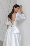 Boat Neckline Satin Wedding Dress Puff Sleeve Princess A-Line Bridal Gowns Robe de mariage
