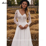 Chiffon V Neck Long Sleeve Bridal Dress Sweep Train Lace Open Back Bohemian Boho Beach Wedding Dress Wedding Gown
