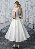 Appliques Short Wedding Dresses For Women 2023 A-Line Satin Tea-Length Cap Sleeve V-Neck Button Civil Vintage Bridal Gown