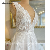 V Neck Lace Appliques Boho A Line Wedding Dress with Court Train Wedding Gowns for Bride robe de mariage
