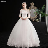 Boat Neck Vestido De Noiva 2023 New Red Wedding Dress with Sleeve Lace UP Appliques Plus Size Simple Bride Ball Gown