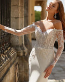 Mermaid V-Neck Wedding Dress Off The Shoulder Lace Appliques Sexy Spandex Bride Gown Zipper Button Vestido De novia