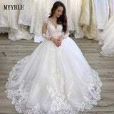 Plus Size Wedding Dresses V Neck Long Sleeves Court Train Tulle Lace Applique Wedding Dresses Lace Up Back Vestido De Noiva