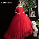 Boat Neck Vestido De Noiva 2023 New Red Wedding Dress with Sleeve Lace UP Appliques Plus Size Simple Bride Ball Gown