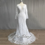 Luxury Mermaid Wedding Dress V-Neck Long Sleeve Lace Appliques Backless Sweep Train Bride Gown Vestidos De Noiva