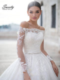 wedding dress one shoulder long sleeve applique belt decoration bridal dresses simple retro atmosphere lace big ski