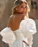Sweetheart Satin Wedding Dresses Long Puff Sleeves Bridal Gowns Custom Made Robe De Mariée