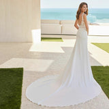 Mermaid V-Neck Wedding Dress Lace 2023 Simple Sleeveless Bride Gown Backless For Bride With Train Pleats Vestido De Novia