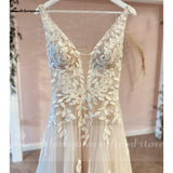 V Neck Lace Appliques Wedding Dresses Champagne Bridal Gowns A Line Wedding Gown estido de noiva praiano
