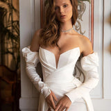 Mermaid Wedding Dresses Off Shoulder Long Sleeves V-Neck Pleated Side Slit Bridal Gowns Backless Satin Bride Dress