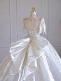 New Luxury Satin Wedding Dress Boat Neck With Pearl Lace Up Bridal Short Sleeve Glittery Flower Vestido De Noiva Ball Gown