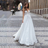 V-Neck Lace Sleeveless Wedding Gowns Sexy Spaghetti Straps Appliques Backless Bride Dress For Bridal Vestido De Novia 2023