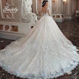 Wedding Dress Embroidered Lace On Net With Ball Gown O-neck Full Sleeve bridal Gowns Button Appliques Vestido De Novia